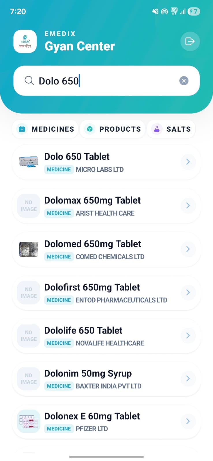 EMEDIX GC medicine search screen showing medicine results