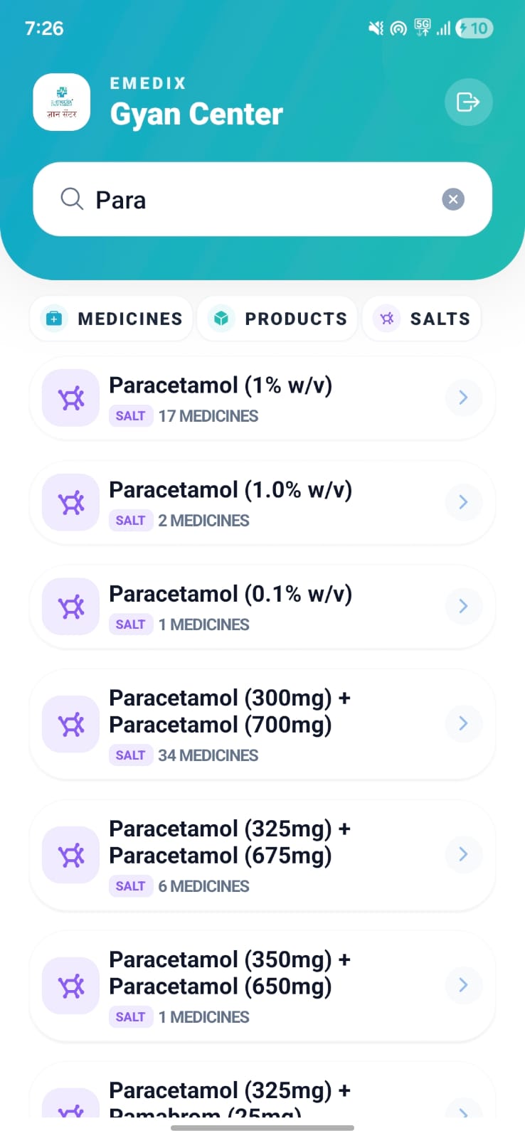 EMEDIX GC salt search screen showing paracetamol salt results